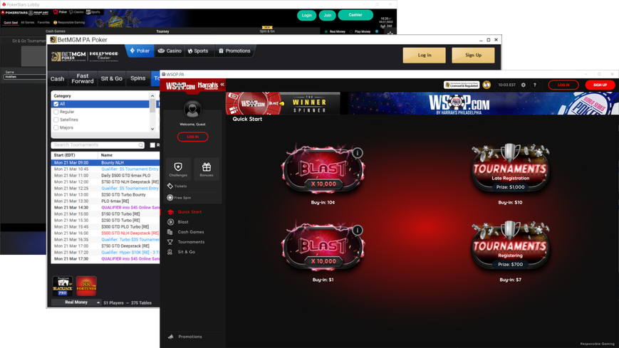 Screenshots of WSOP.com, PokerStars PA, and BetMGM PA are seen on a white background. We evaluated the three leading online poker rooms in Pennsylvania in a side-by-side showdown to see who has the best software in the state. 