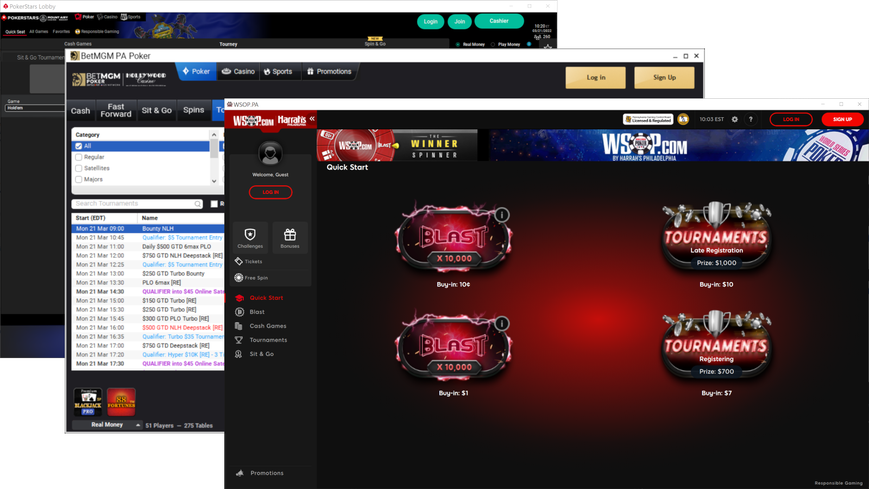 Screenshots of WSOP.com, PokerStars PA, and BetMGM PA are seen on a white background. We evaluated the three leading online poker rooms in Pennsylvania in a side-by-side showdown to see who has the best software in the state. 