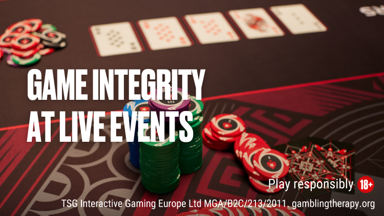 A photo of a patterned poker table with playing cards and poker chips. On top of the image is the text: GAME INTEGRITY AT LIVE EVENTS. PokerStars Strengthens Game Integrity with Live Event Bans