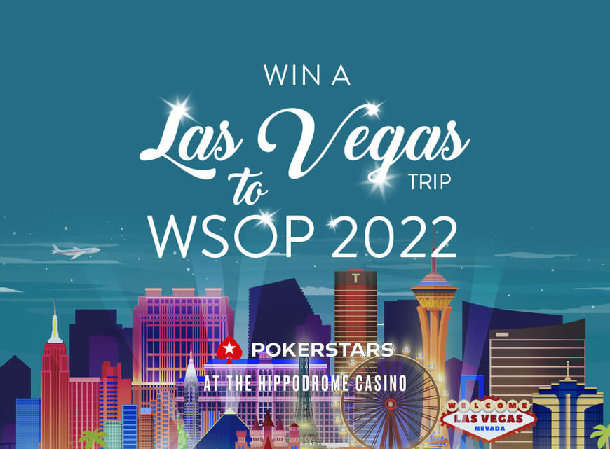 Promo image for loyalty poker race with graphic illustration of London skyline. Text above it says "Win a Las Vegas Trip to WSOP 2022" and at the bottom "PokerStars at the Hippodrome Casino"