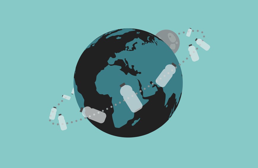 illustration of the earth with a ring of plastic bottles orbiting around it. 888poker is the first online poker operator to join the quest to eliminate single-use plastic at the live poker tables.