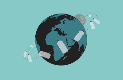 illustration of the earth with a ring of plastic bottles orbiting around it.  888poker is the first online poker operator to join the quest to eliminate single-use plastic from live poker tables.