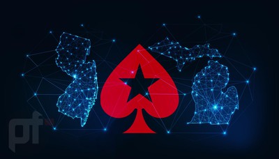 a network map with bright lights and lines of NJ & MI seen side by side on a dark backround. In between the two is the PokerStars red spade logo. PokerStars' New Jersey & Michigan online poker apps will merge & combine player pools in the upcoming weeks.