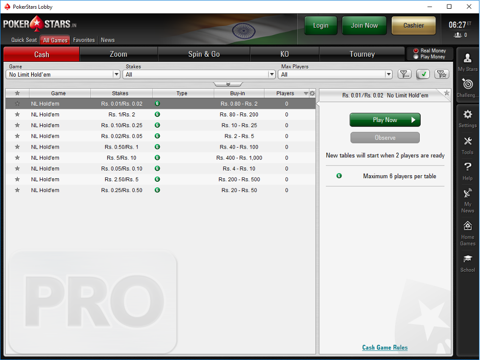 PRO has seen a live PokerStars India client currently active under a private alpha test and can reveal details surrounding the pending launch, including games and stakes offered, MTT schedule and more. PRO has seen a live PokerStars India client currently active under a private alpha test and can reveal details surrounding the pending launch, including games and stakes offered, MTT schedule and more.