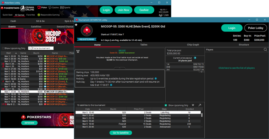 Screenshots of PokerStars MI website and poker lobby. You can see information for its MICOOP 2021 online poker tournament series, with multiple poker game options listed in a table below with buy-in and prize pool info.