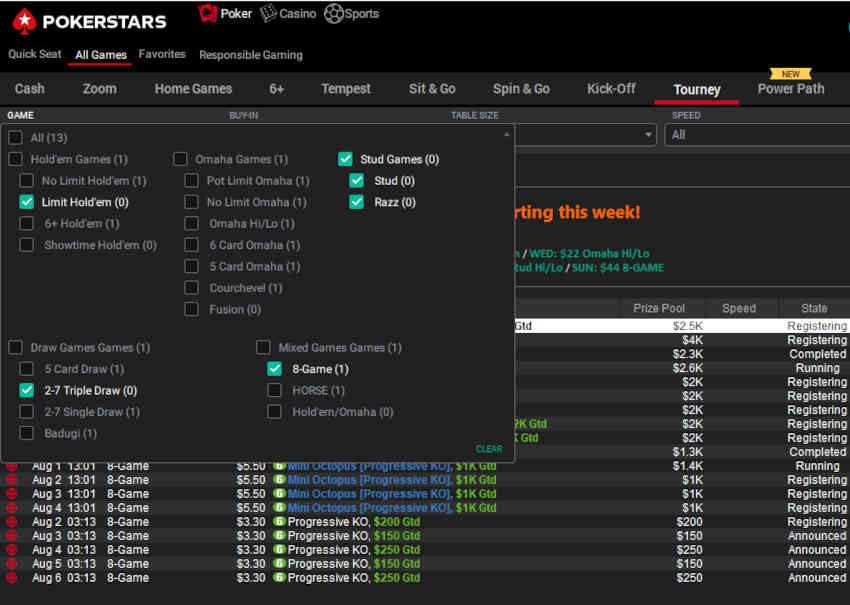 Screenshot of PokerStars Lobby showing new daily mixed game majors.