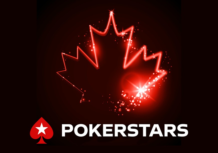 A black background with a neon light and sparks in the shape of a maple leaf. the pokerstars logo is below it. PokerStars Approved for Ontario Online Poker, Casino, & Sports Betting
