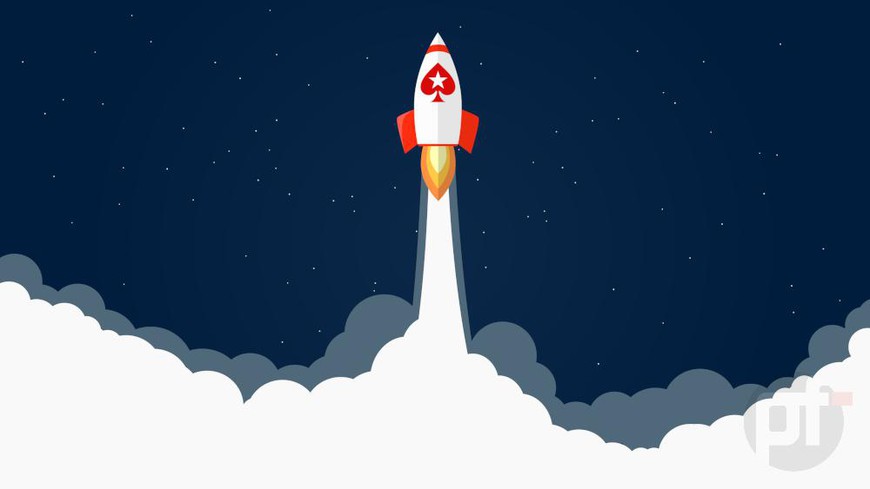 illustration of a rocket blasting off into the stars with the pokerstars red spade logo on the front of the rocket.