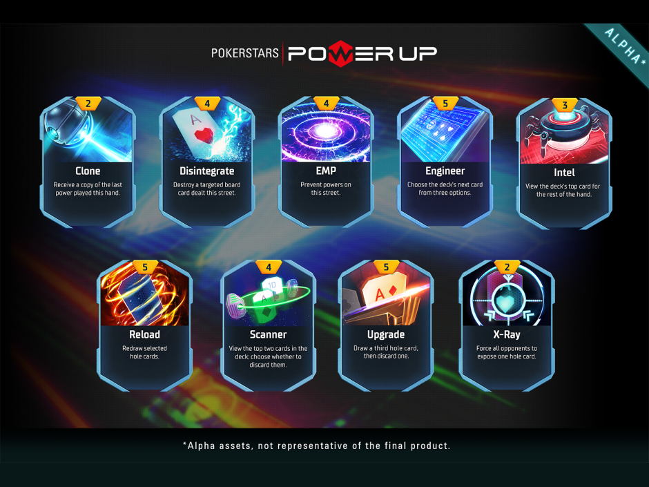PokerStars has unveiled a new poker variant dubbed Power Up that blends regular poker with a deck-building concept of "power" cards that can be used to influence the hand. PokerStars has unveiled a new poker variant dubbed Power Up that blends regular poker with a deck-building concept of "power" cards that can be used to influence the hand.