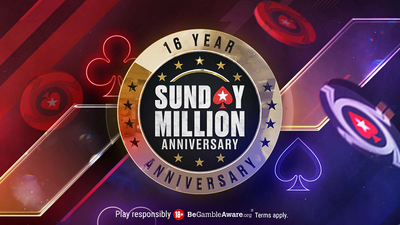PokerStars celebrates the 16th Anniversary of its iconic Sunday Million series with a $10 million guarantee 3-day poker tournament, March 20, 2022. Promo Image for PokerStars 16 year anniversary Sunday Million tournament series. features floating poker icons including the red spade logo, spades, and clubs, in neon style on abstract background.