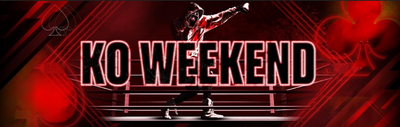 Promo image for PokerStars KO Weekend, featuring an MMA fighter kicking against a red background. The knockout tournament mini-series weekend offers some last minute poker action to players in NJ, PA, MI.
