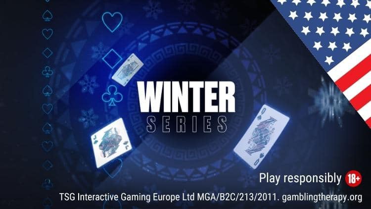 Promo image for PokerStars USA's Winter Series -- has snowflakes playing cards against a blue background with the American flag in the top right corner. The online poker tournament just concluded in the PA, NJ, MI markets, awarding nearly $3 million.
