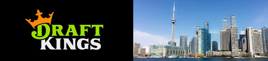 split image with DraftKings logo against a black background on the left. on the right is an image of the toronto skyline against a blue sky, with the CN tower prominently visible