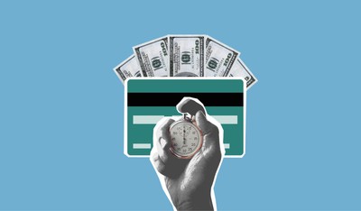 collage style illustration of a hand holding a stopwatch and behind it is a fanned out credit card and $100 bills.  It's easy to lose track of your time and money when gambling online, but there are tools that can help.