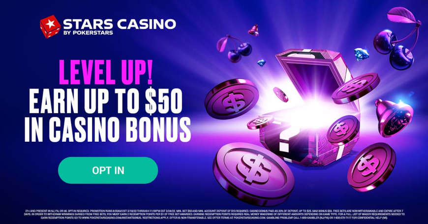 Promotional Image for Level Up, Stars Casino's Latest Game of the Week Promo, advertising that you can earn up to $50 in free casino credits.