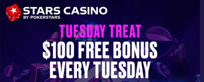 Promo for Stars Casino's new Tuesday Treat casino promo. The upper left-hand corner says Stars Casino by PokerStars in the company's branding, and then in big letters "Tuesday Treat: $100 Free Bonus Every Tuesday"