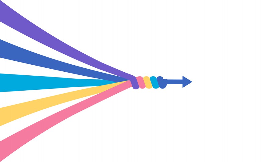 different colored lines all coming together and twisting to form one arrow, representing synergy and the merging of companies and brands throughout Flutter's history.