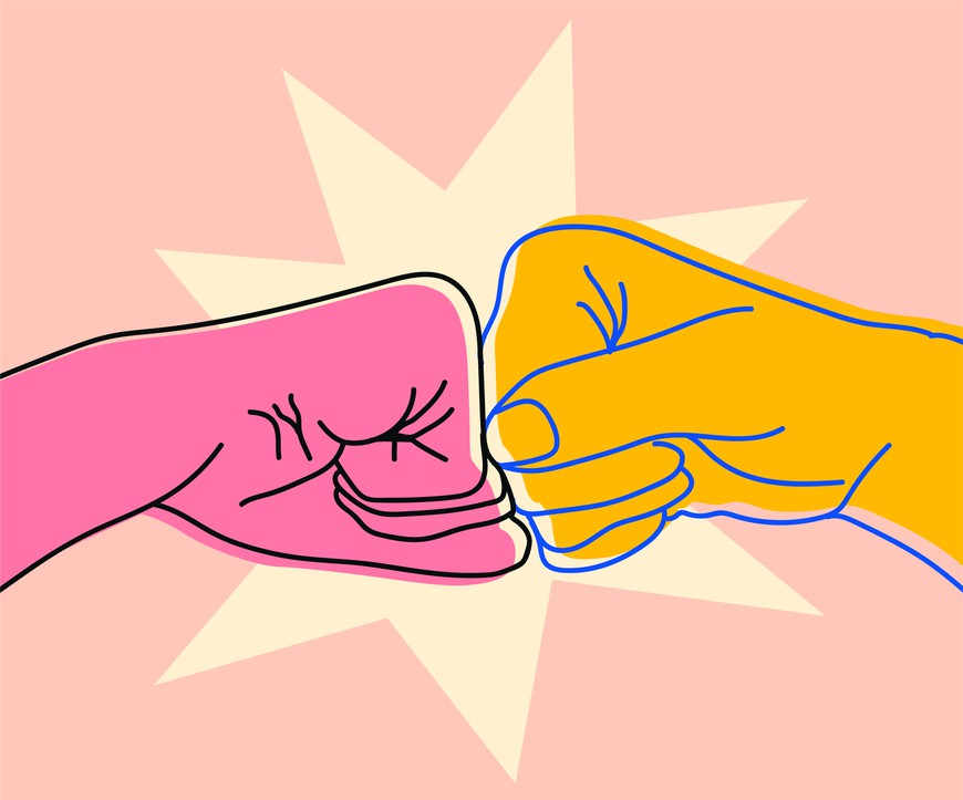 Illustration of two bumping fist finger. Team work, partnership, friendship, friends, spirit hands gesture sketch concept.