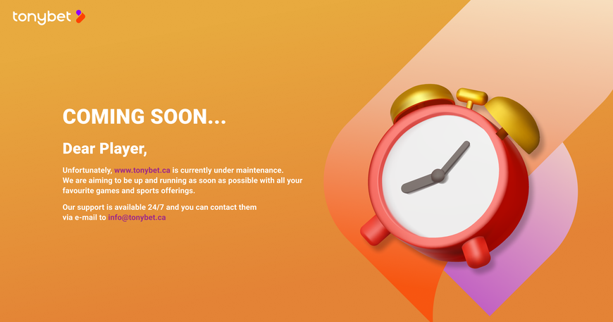 Screenshot of tonybet website with an image of a clock and the words  "Coming Soon" in anticipation of the launch of TonyBet's online sportsbook in Ontario. A TonyBet Ontario online casino may not be far behind.