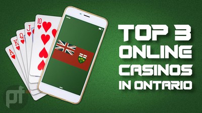 A phone with the ontario flag on it is on top of fanned out playing cards on top of a green background. to the right is text that says "top 3 online casinos in Ontario"