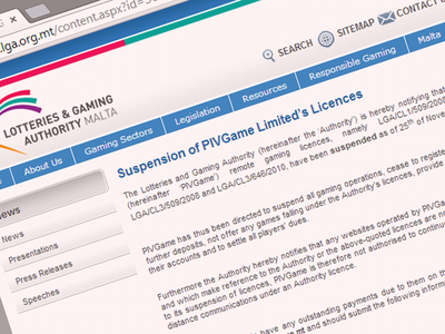 Malta LGA Suspends PIVGame's License