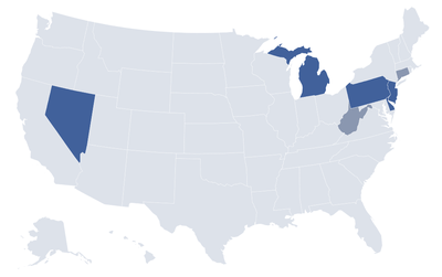 map of the us. the states where online poker is legal and regulated are highlighted in blue