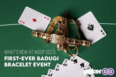 WSOP gold bracelets and cards are seen on a poker table. in the bottom left, text reads "What’s New at WSOP 2023: First-Ever Badugi Bracelet Event"