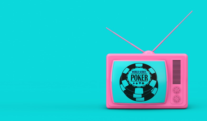 Pink Classic Vintage TV in Duotone Style on a blue background. 3d Rendering. WSOP logo is in middle of TV.