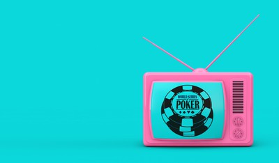 Where to Watch WSOP 2023: Your Guide to Coverage - From Vlogs to Live Streams -- How to keep up with all the live poker action at WSOP 2023. Pink Classic Vintage TV in Duotone Style on a blue background. 3d Rendering. WSOP logo is in middle of TV.