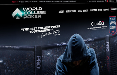 Screen shot of World College Poker website, a hooded figure stands in a boxing ring in the middle, text on the top says "the best college poker tournament!" and on the side, it says ClubGG World College Poker Championship