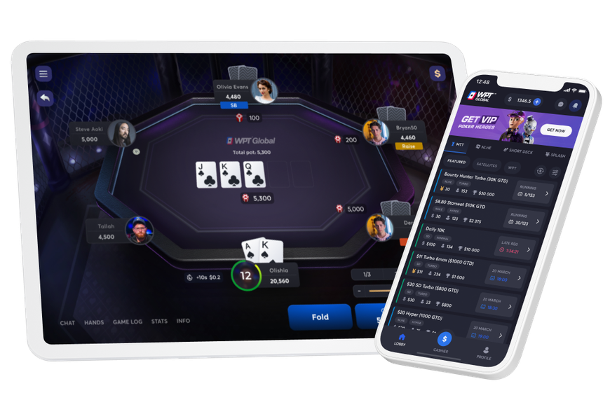 a tablet device showing a WPT Global online poker room and a mobile phone displaying the WPT Global poker lobby. Connected to a massive recreational Asian player pool, the new online poker room has truly global ambitions. 