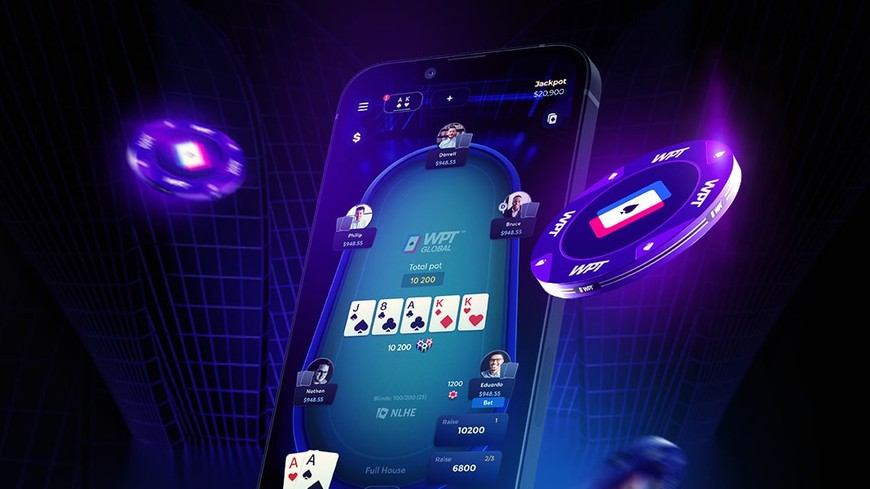 A Cell Phone on a geometric and black background with the WPT Global App on the screen. Around it are floating poker chips with the WPT global logo as well. 