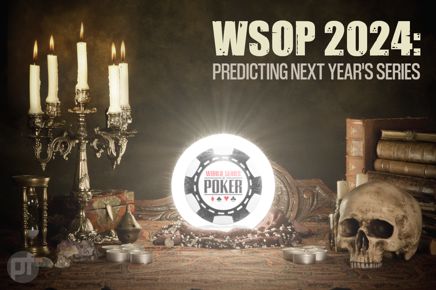 a crystal ball with the WSOP logo in the middle sits in the center of a spooky table with an old candelabra, skulls, and other ephemera.