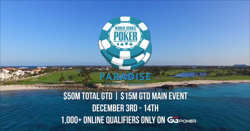 WSOP Paradise logo and event details with image of the Bahamas.