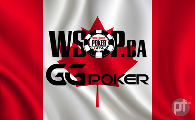 The Canadian Flag with the logos for WSOP.CA and GGPoker, representing the two brands' partnership to launch online poker in ontario.