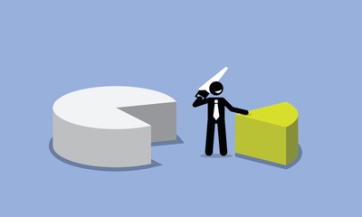 3d illustration of a white pie chart with a piece cut out of it on a blue background. next to it is a small businessman figure holding a saw and standing next to the green 22% piece of the pie he cut out, representing WSOP MI's market share.