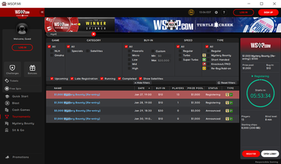 Screenshot of WSOP lobby showing Mystery Bounty tournaments. WSOP is First Operator to Launch Mystery Bounty Format in US!