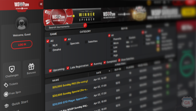 Screenshot of WSOP MI online poker platform, which runs on the advanced Poker 8 software. You can see the main lobby as well as menus and navigation panes and WSOP adverts & branding.