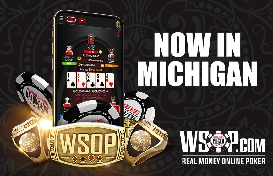 an ornate background with a cell phone showing the WSOP app, on top of a pile of gold WSOP rings. On the right, text says: Now in Michigan. WSOP.com. Real Money Online Poker." WSOP MI went live yesterday, dealing its first online poker real money game