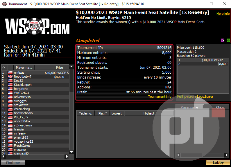 First WSOP 2021 Main Event Satellite on WSOP.com Attracts Almost 100 Entries