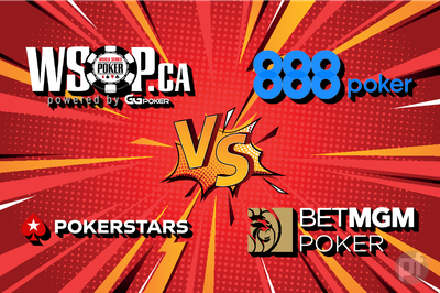 A comic book style illustration with the word VS in the middle, surrounded by logos for BetMGM Poker Ontario, 888poker Ontario, PokerStars Ontario, & WSOP.ca/WSOP Ontario. It's the Ontario Online Poker MTT Showdow: BetMGM vs PokerStars vs WSOP vs 888poker